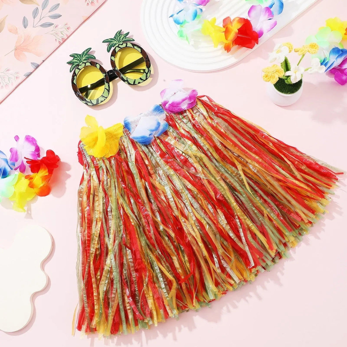 Halloween Hula Skirt Set Grass Costume with Flower Lei and Matching Accessories for Party