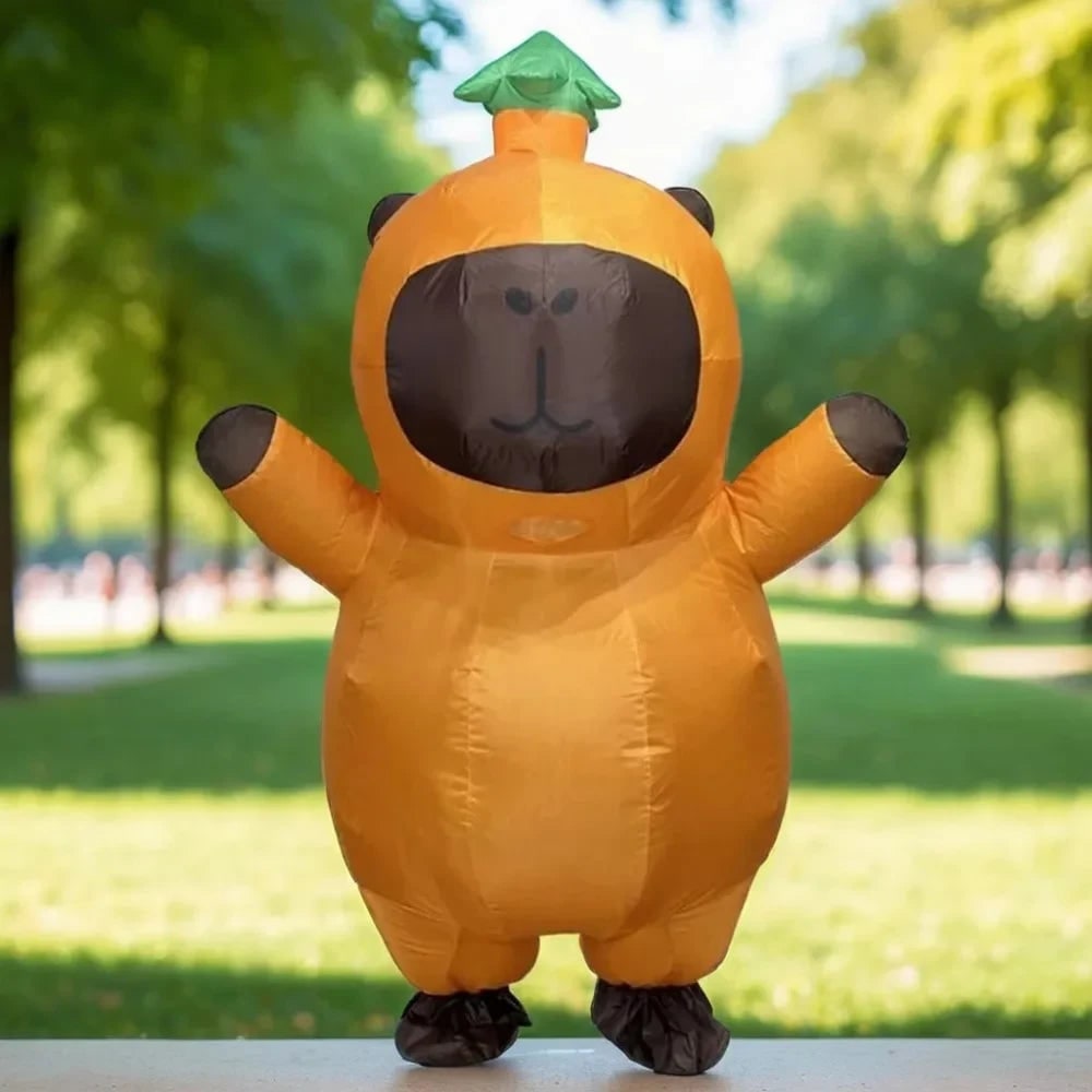 Halloween Inflatable Capybara Costume with Leaf Hat and Built-In Fan Funny Animal Suit