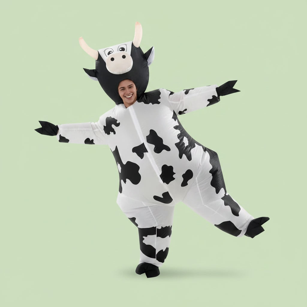 Halloween Inflatable Cow Costume with Open Face Hood and Hoof Covers Funny Animal