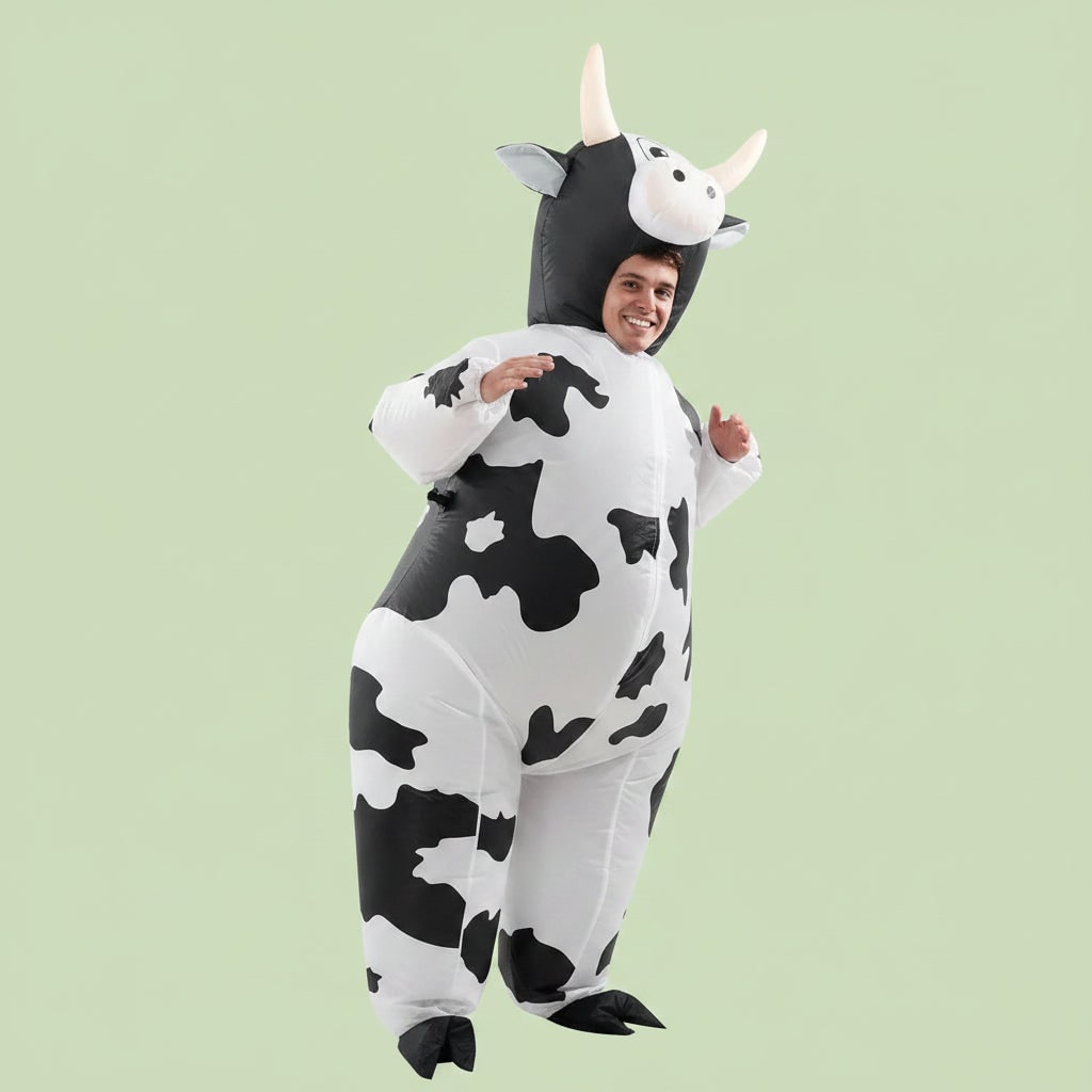 Halloween Inflatable Cow Costume with Open Face Hood and Hoof Covers Funny Animal