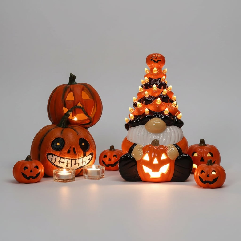 Halloween Jack O Lantern Ceramic Gnome Light-Up Figurine with Pumpkin for Party Decorations