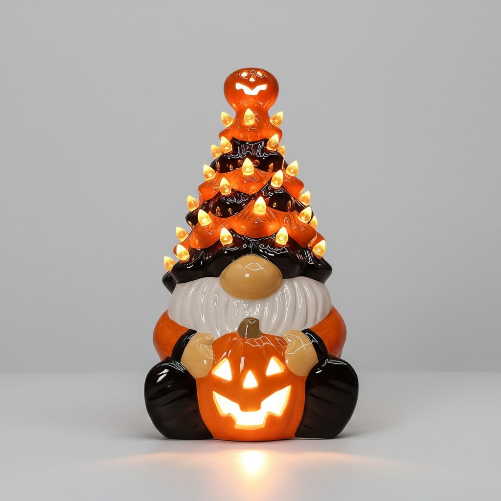 Halloween Jack O Lantern Ceramic Gnome Light-Up Figurine with Pumpkin for Party Decorations