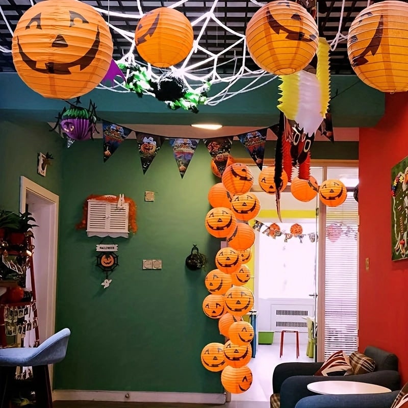 Halloween Jack O' Lantern Paper Pumpkin Hanging Decor Set of 12
