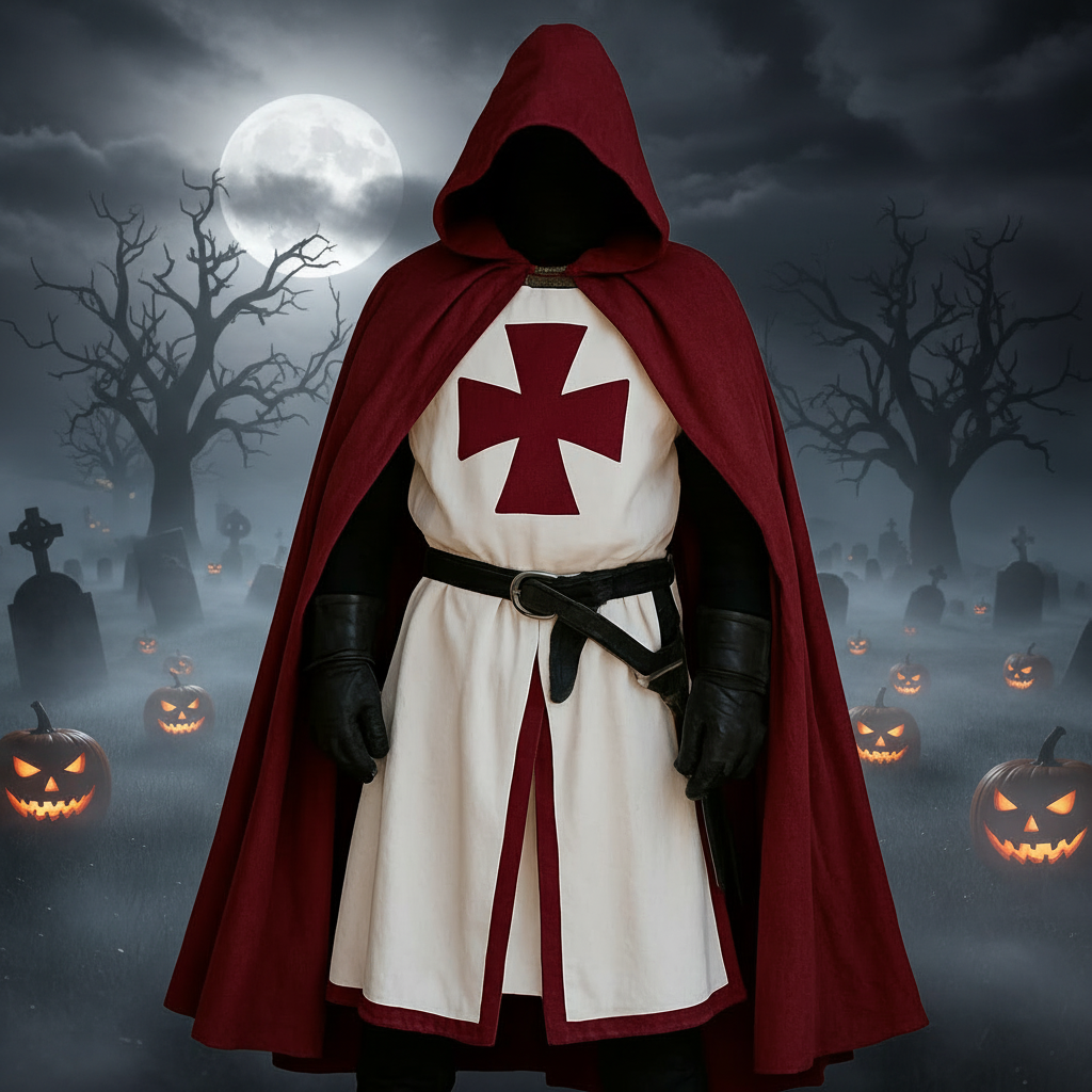 Halloween Medieval Knight Costume Templar Crusader Tunic with Contrasting Trim and Split Hem Panels