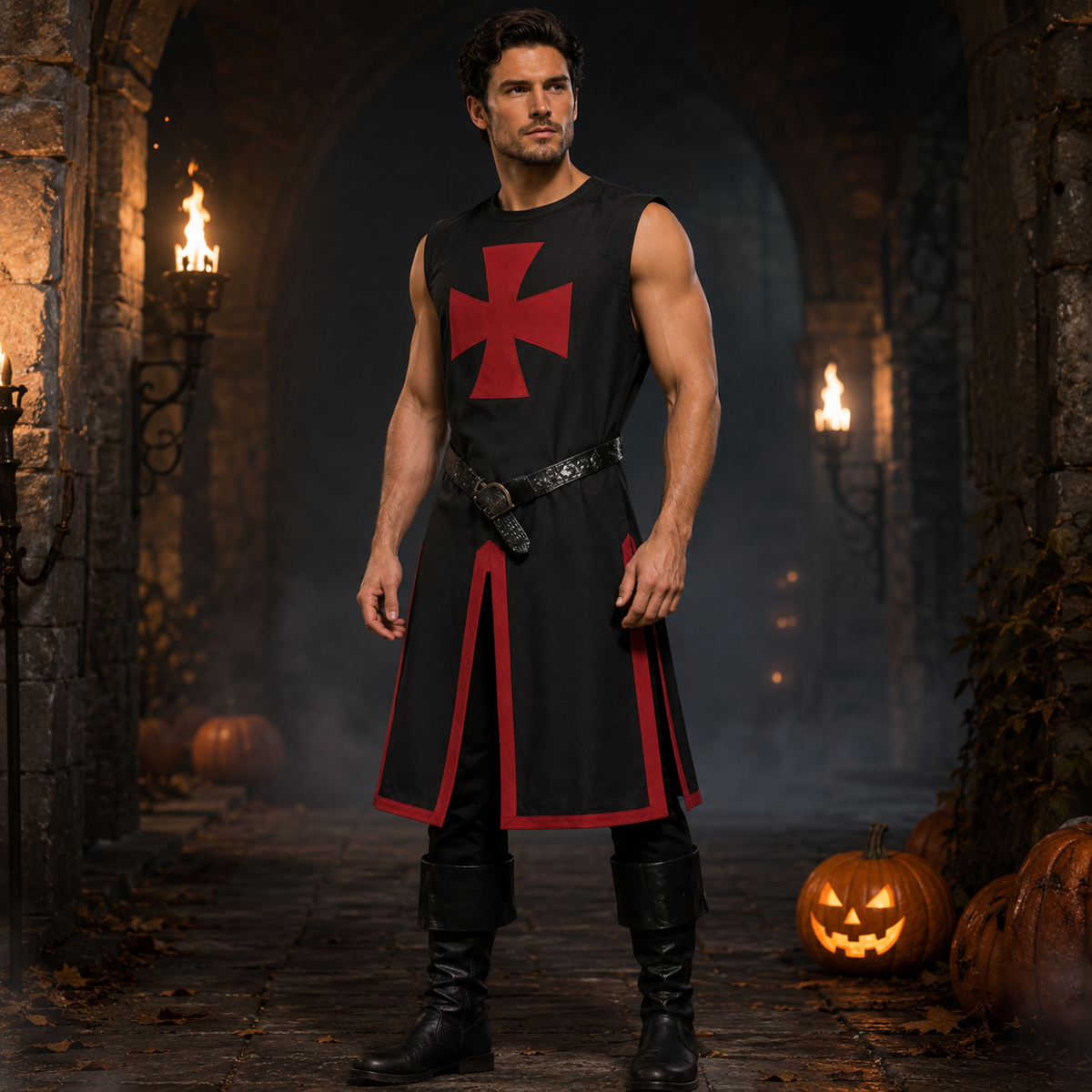 Halloween Medieval Knight Costume Templar Crusader Tunic with Contrasting Trim and Split Hem Panels