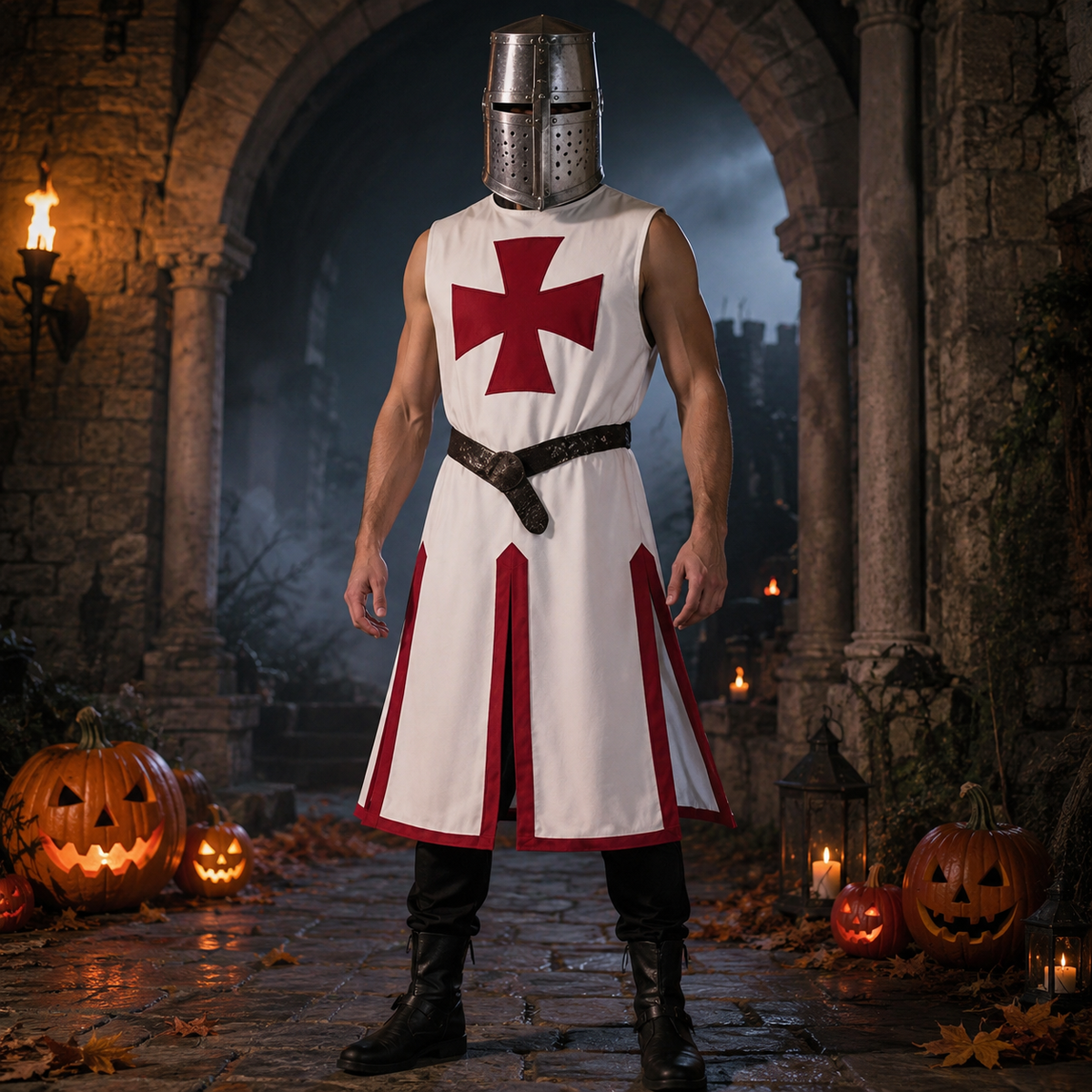 Halloween Medieval Knight Costume Templar Crusader Tunic with Contrasting Trim and Split Hem Panels