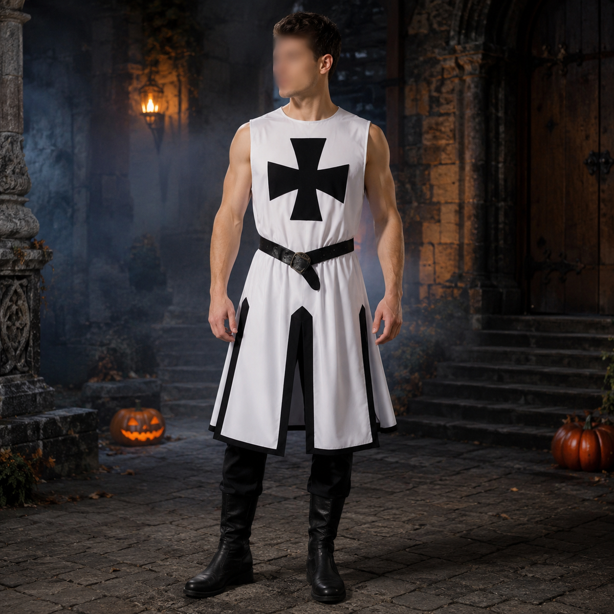Halloween Medieval Knight Costume Templar Crusader Tunic with Contrasting Trim and Split Hem Panels