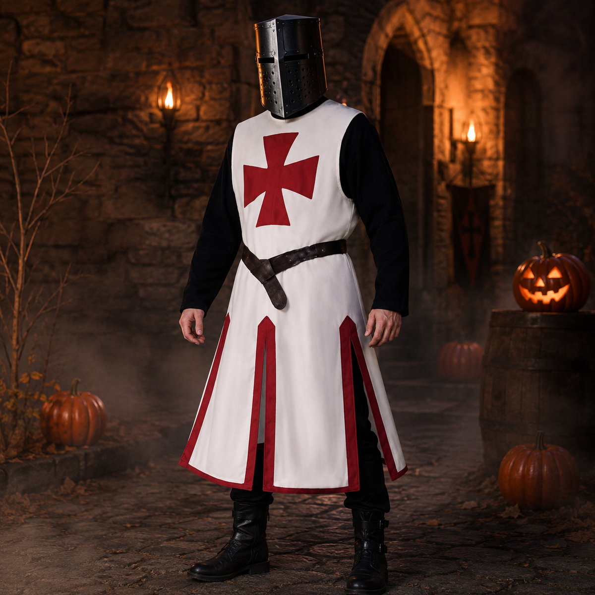 Halloween Medieval Knight Costume Templar Crusader Tunic with Contrasting Trim and Split Hem Panels