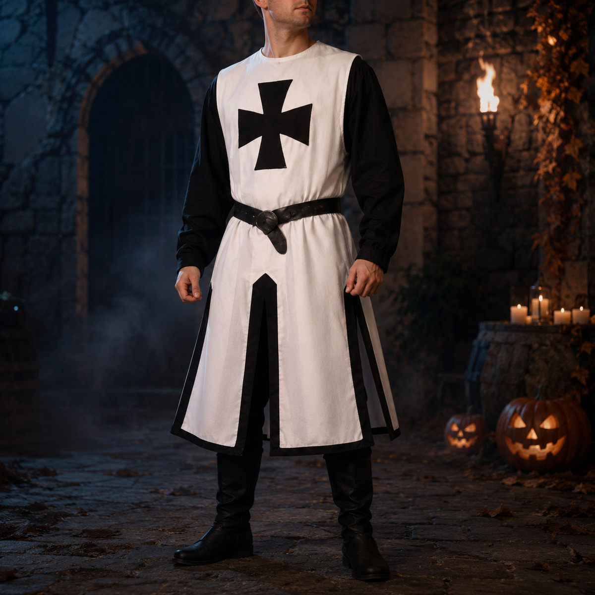 Halloween Medieval Knight Costume Templar Crusader Tunic with Contrasting Trim and Split Hem Panels