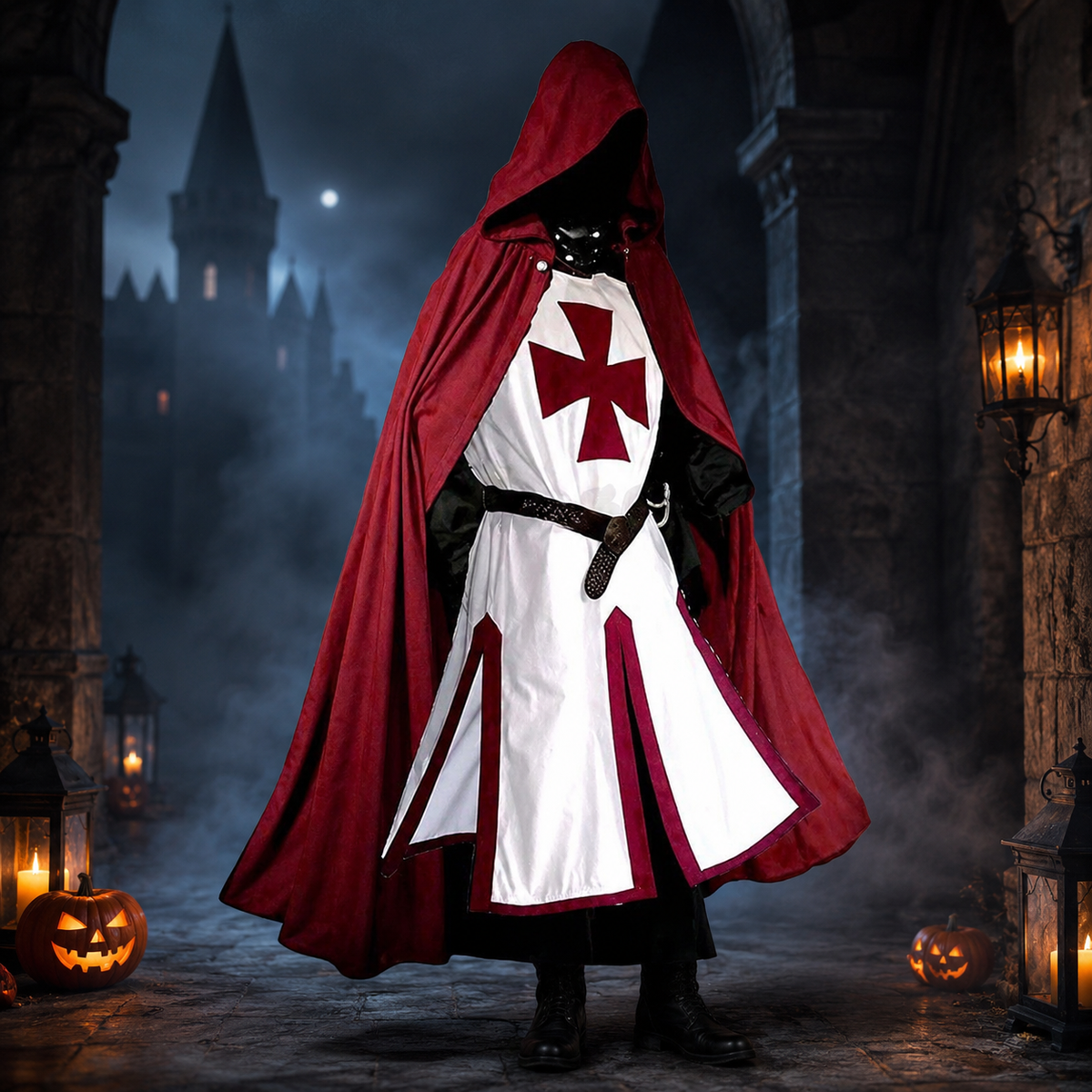 Halloween Medieval Knight Costume Templar Crusader Tunic with Contrasting Trim and Split Hem Panels
