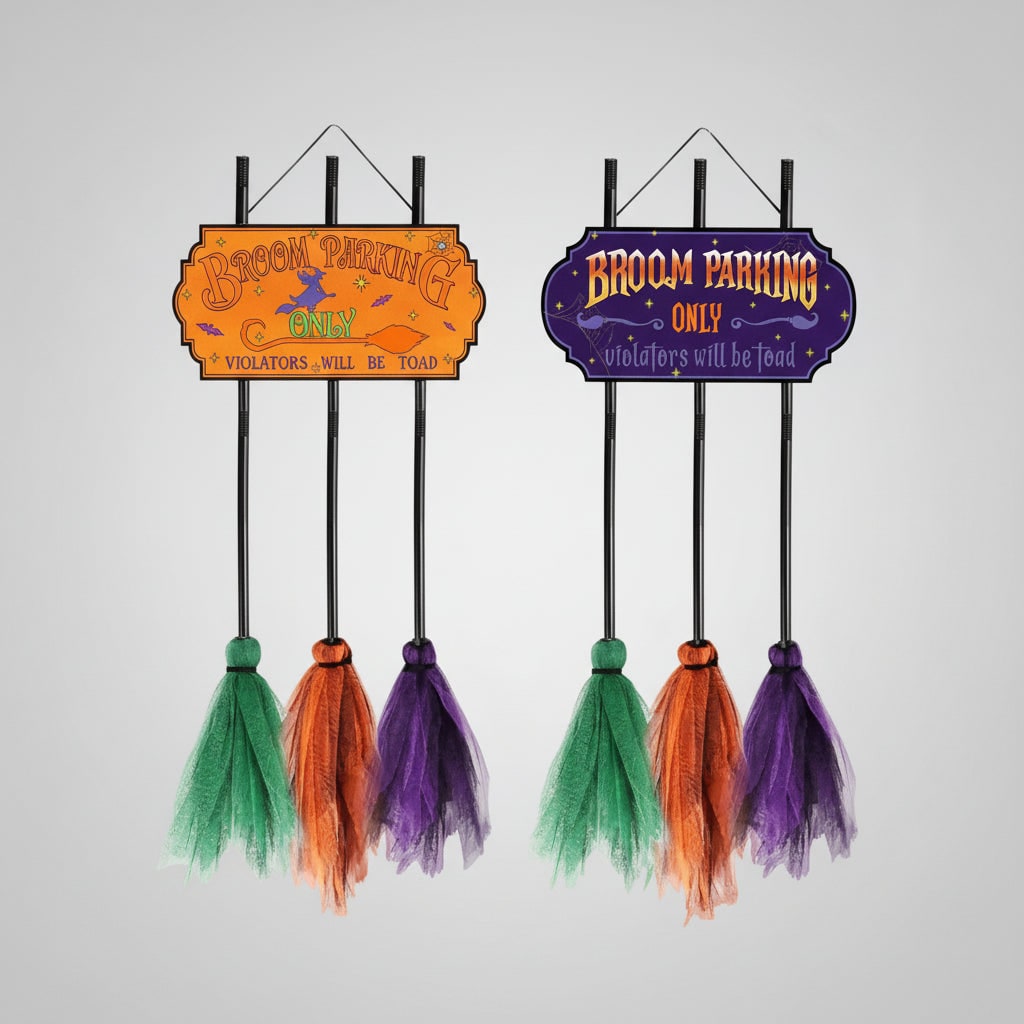 Halloween No Parking Anytime Broom Sign with Decorative Mesh Outdoor Yard Decoration