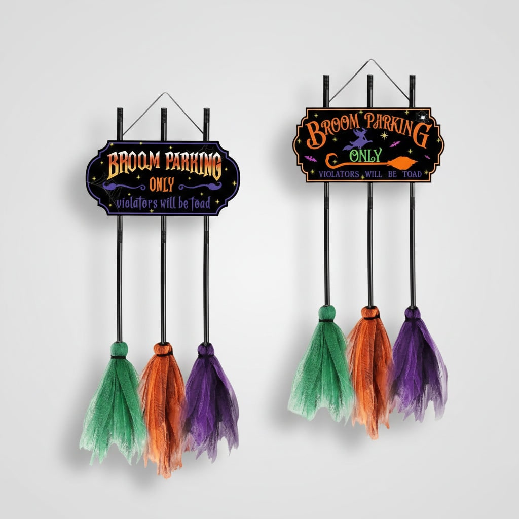 Halloween No Parking Anytime Broom Sign with Decorative Mesh Outdoor Yard Decoration