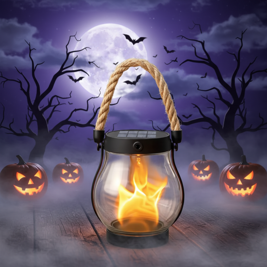 Halloween Outdoor Solar Hanging Lantern with Flickering Flame Effect and Rechargeable Usb-C