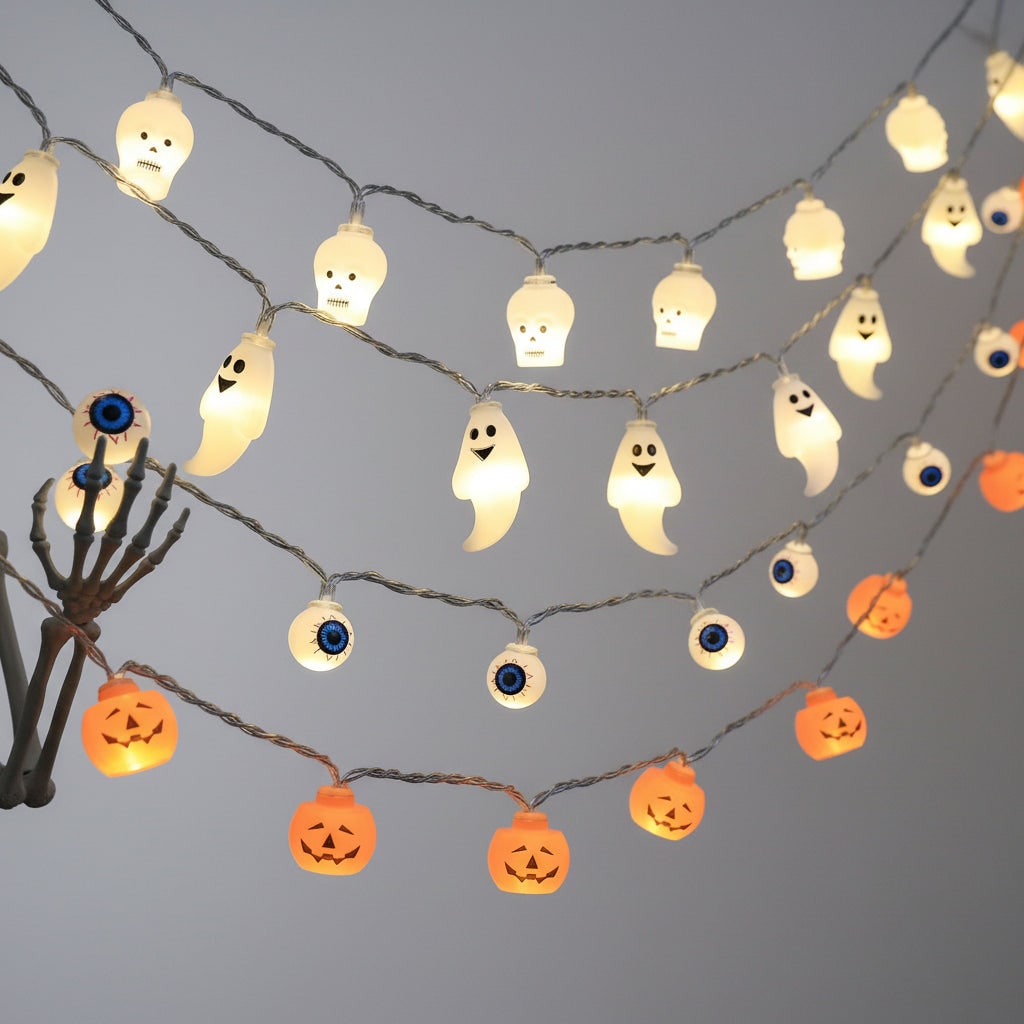Halloween Outdoor String Lights with Battery LED and Spooky Decorative Covers for Patio Party