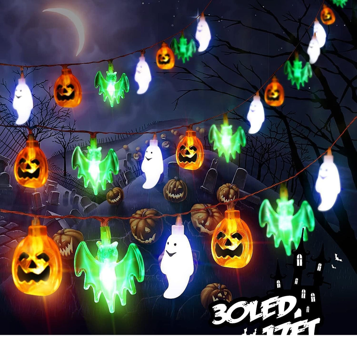 Halloween Outdoor String Lights with LED and Bat Figures Battery Operated for Patio Party Decoration