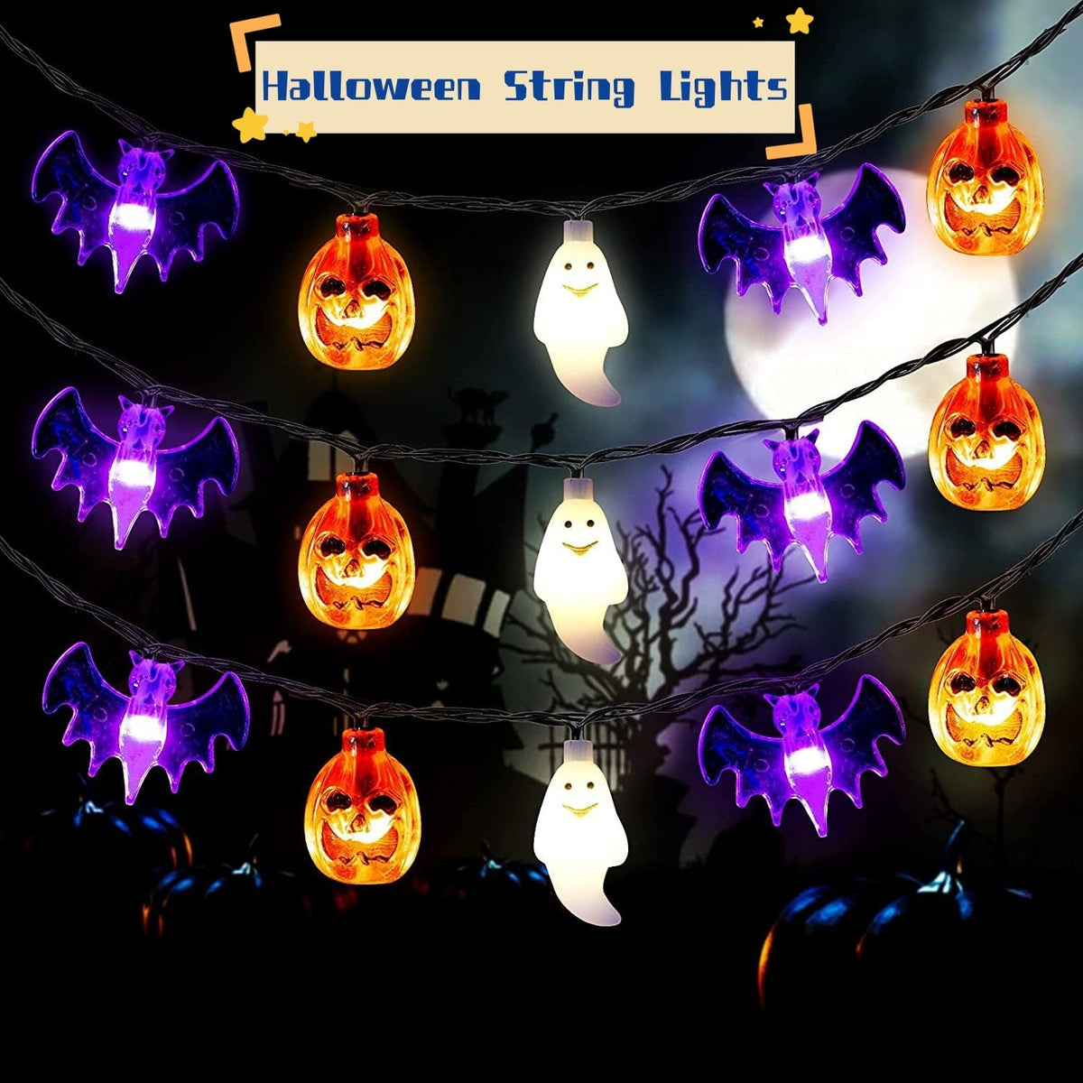 Halloween Outdoor String Lights with LED and Bat Figures Battery Operated for Patio Party Decoration