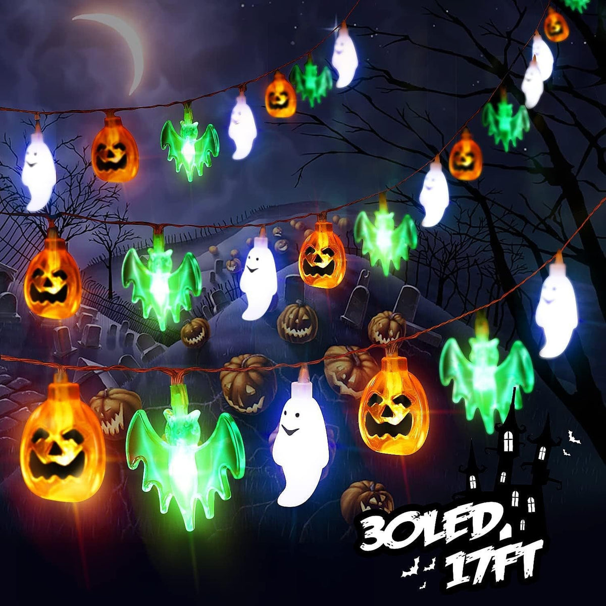 Halloween Outdoor String Lights with LED and Bat Figures Battery Operated for Patio Party Decoration
