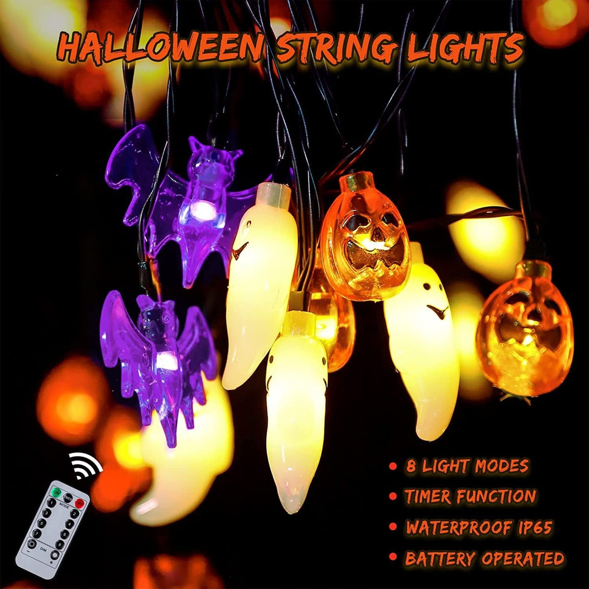 Halloween Outdoor String Lights with LED and Bat Figures Battery Operated for Patio Party Decoration