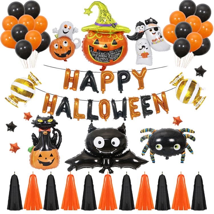 Halloween Party Balloons with Foil Letter Bat Pumpkin and Spider Decorations Kit