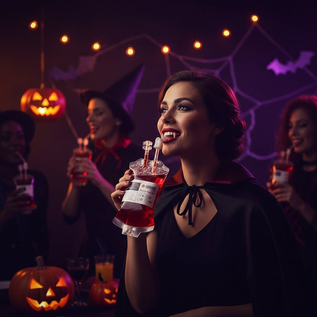 Halloween Party Supplies Blood Bag Drink Pouches with Syringe for Decorations and Favors