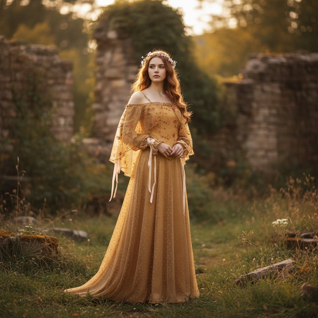 Halloween Plus Size Medieval Dress Costume with Embroidered Bodice and Glitter Tulle Skirt