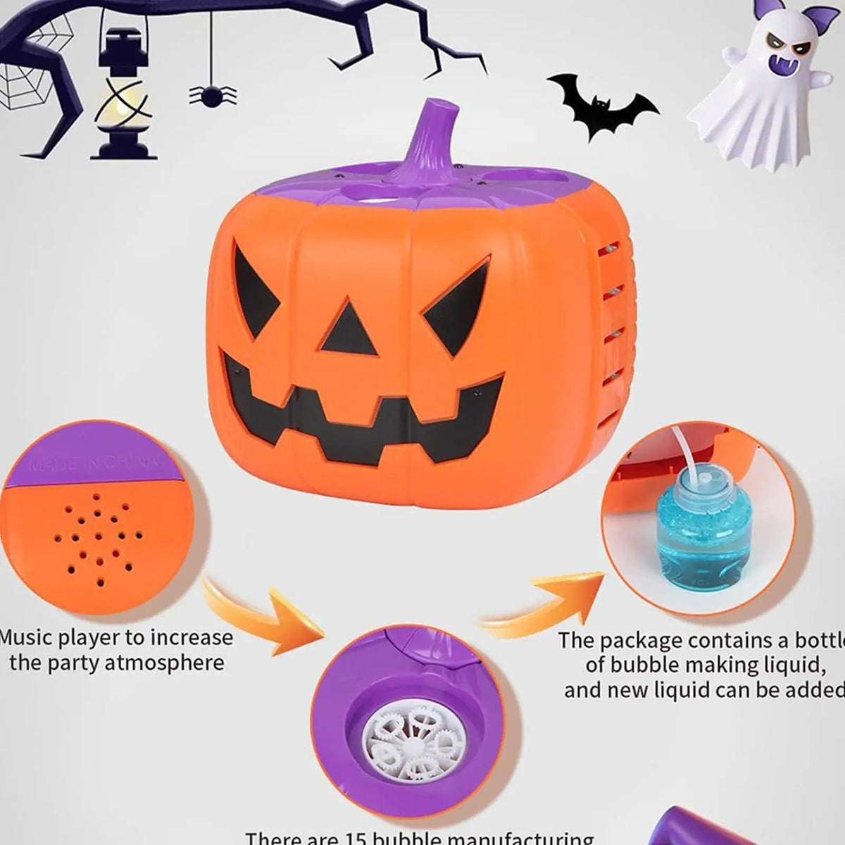 Halloween Pumpkin Bubble Machine with LED Lights and Automatic Blower for Party Outdoor Decoration