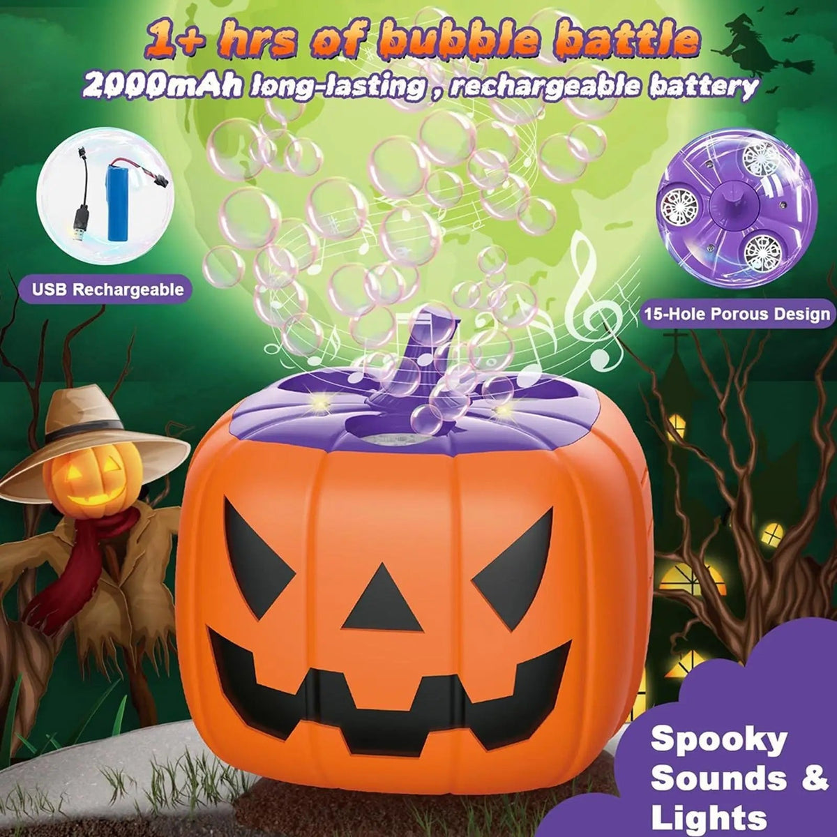Halloween Pumpkin Bubble Machine with LED Lights and Automatic Blower for Party Outdoor Decoration