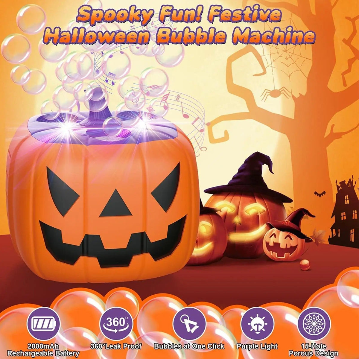 Halloween Pumpkin Bubble Machine with LED Lights and Automatic Blower for Party Outdoor Decoration