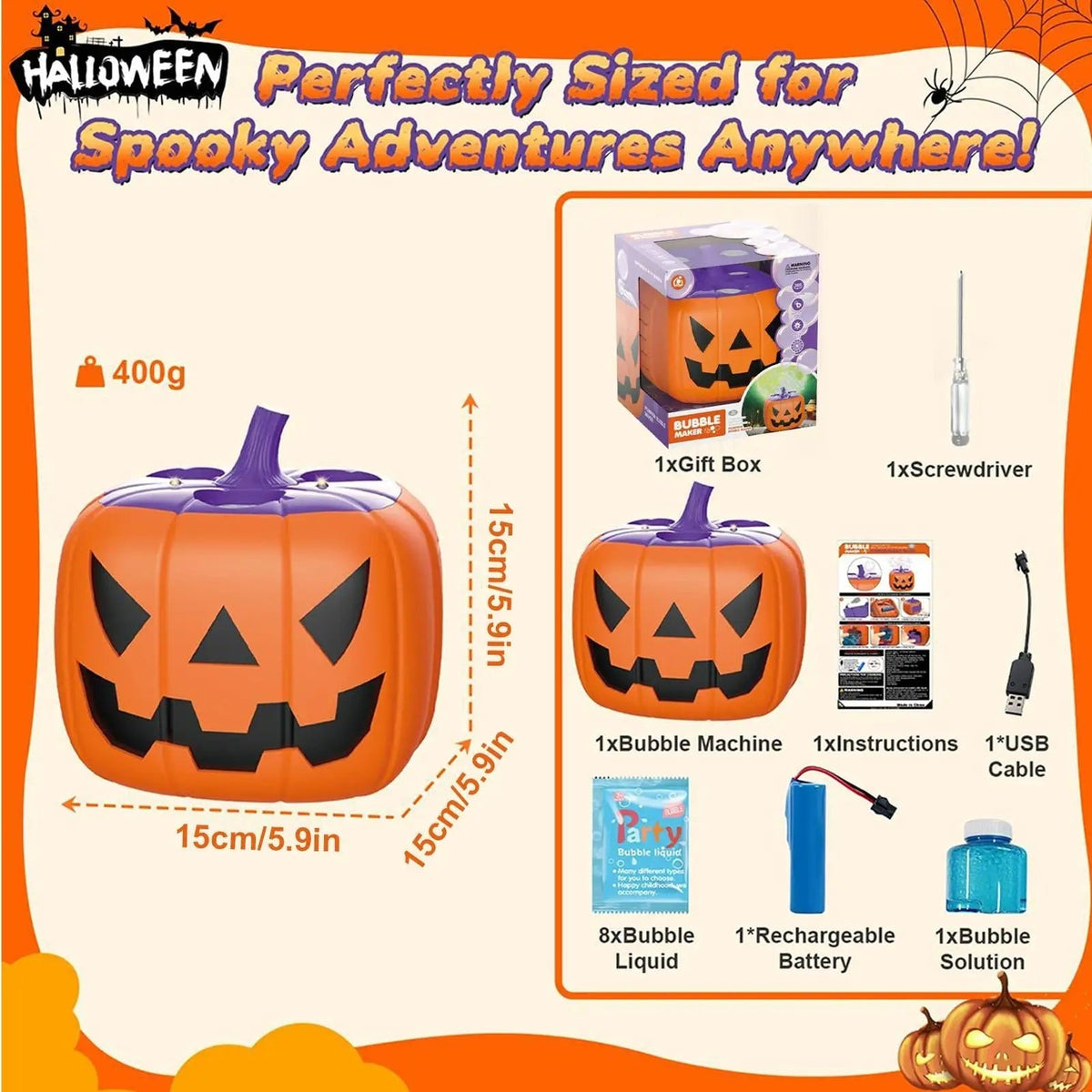 Halloween Pumpkin Bubble Machine with LED Lights and Automatic Blower for Party Outdoor Decoration