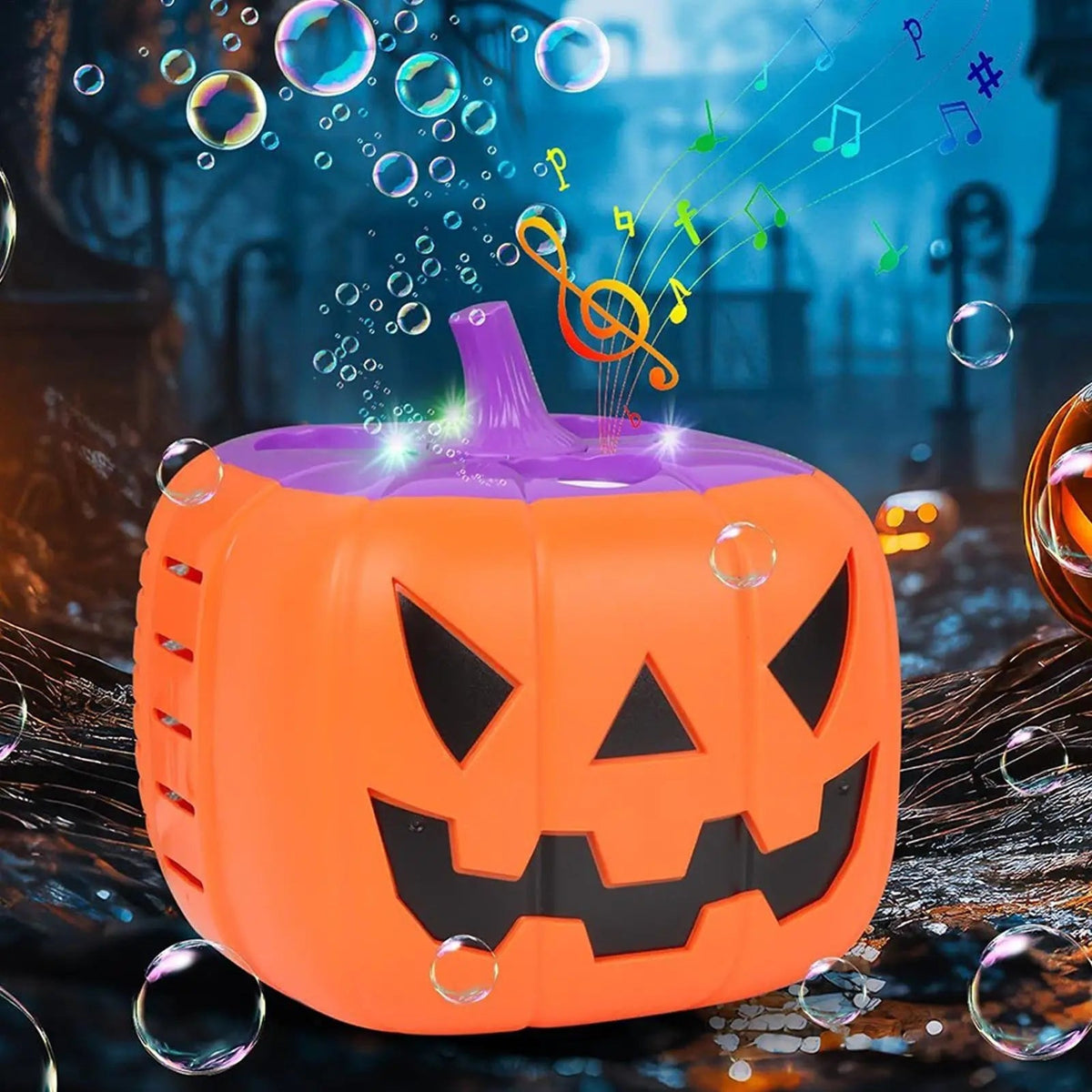 Halloween Pumpkin Bubble Machine with LED Lights and Automatic Blower for Party Outdoor Decoration