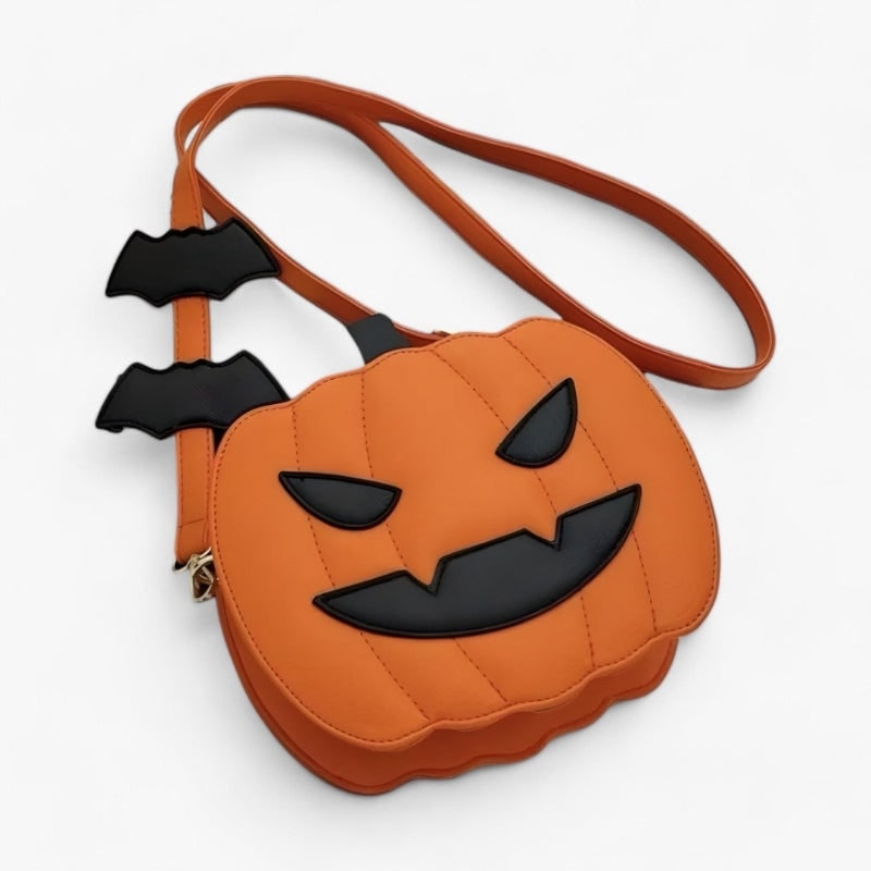 Halloween Pumpkin Purse and Handbag Jack O Lantern Crossbody Bag with Bat Accents