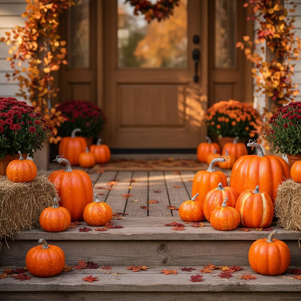 Halloween Pumpkins Fall Decorative Foam with Ribbed Texture and Curved Stems Set of 7