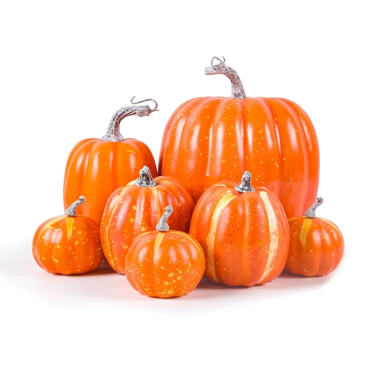 Halloween Pumpkins Fall Decorative Foam with Ribbed Texture and Curved Stems Set of 7
