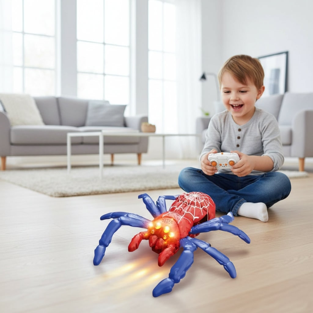 Halloween Remote Control Spider Toy with Glowing LED Eyes and Wall Climbing