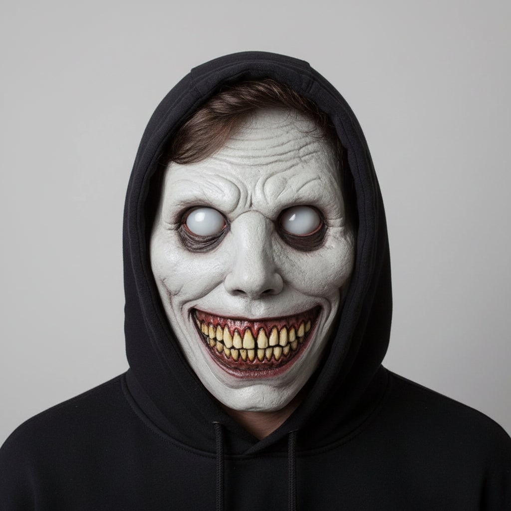 Halloween Scary Costume Mask with Creepy Demon Smiling Face and Textured Wrinkled Skin for Party