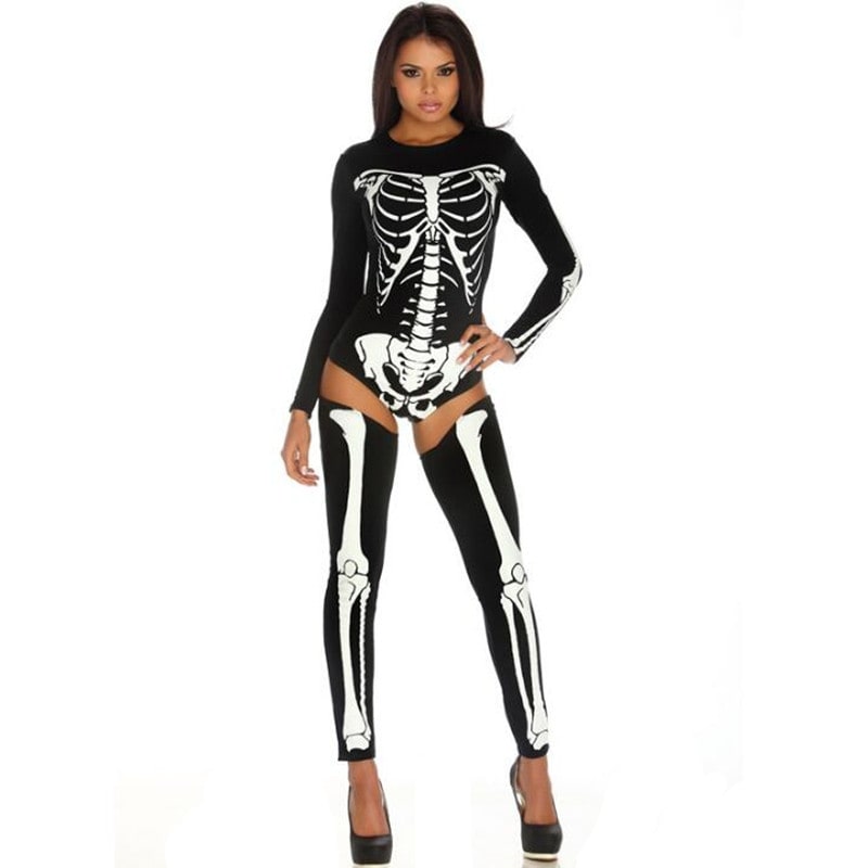 Halloween Skeleton Costume Outfit with Bodysuit and Thigh-High Leggings for Party