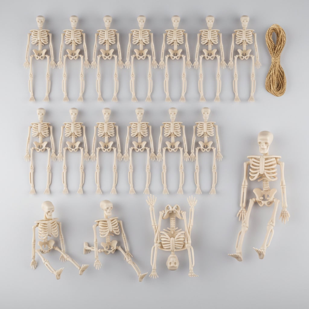 Halloween Skeleton Decorations Mini Plastic Posable Figurines with Jute Twine for Party and Haunted
