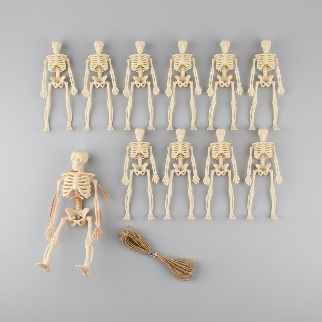 Halloween Skeleton Decorations Mini Plastic Posable Figurines with Jute Twine for Party and Haunted