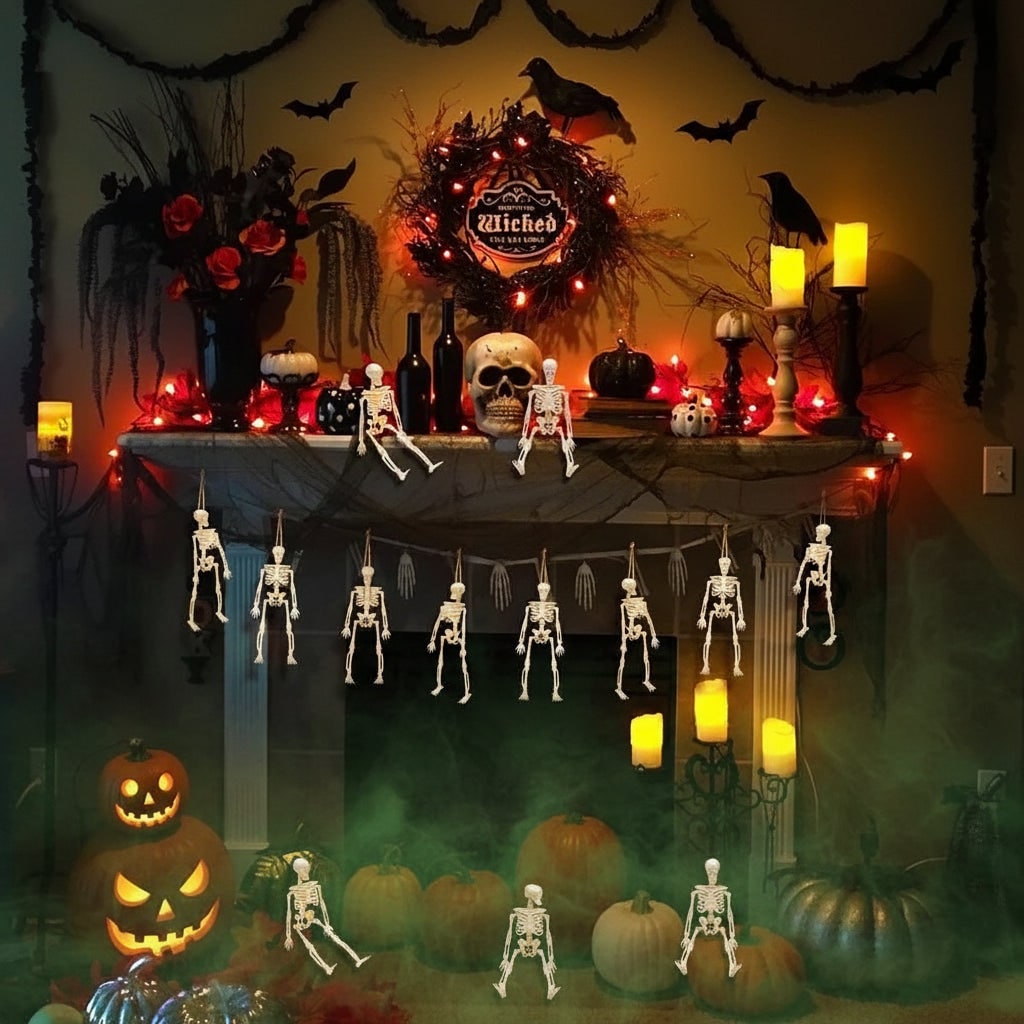 Halloween Skeleton Decorations Mini Plastic Posable Figurines with Jute Twine for Party and Haunted