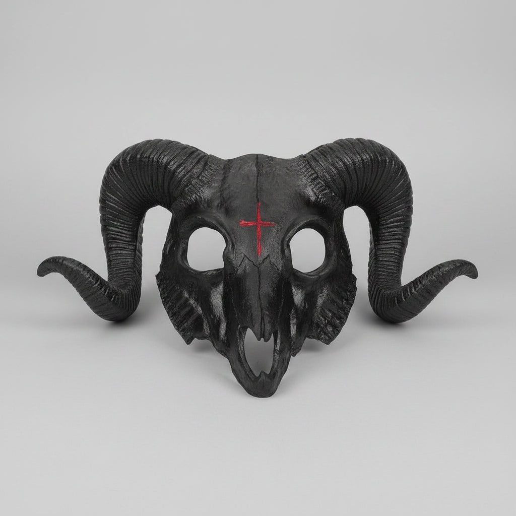 Halloween Skull Mask Goat Design with Horns and Inverted Cross for Costume Party and Haunted House