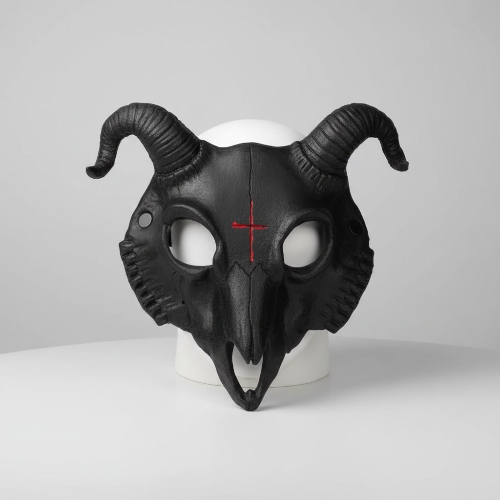 Halloween Skull Mask Goat Design with Horns and Inverted Cross for Costume Party and Haunted House