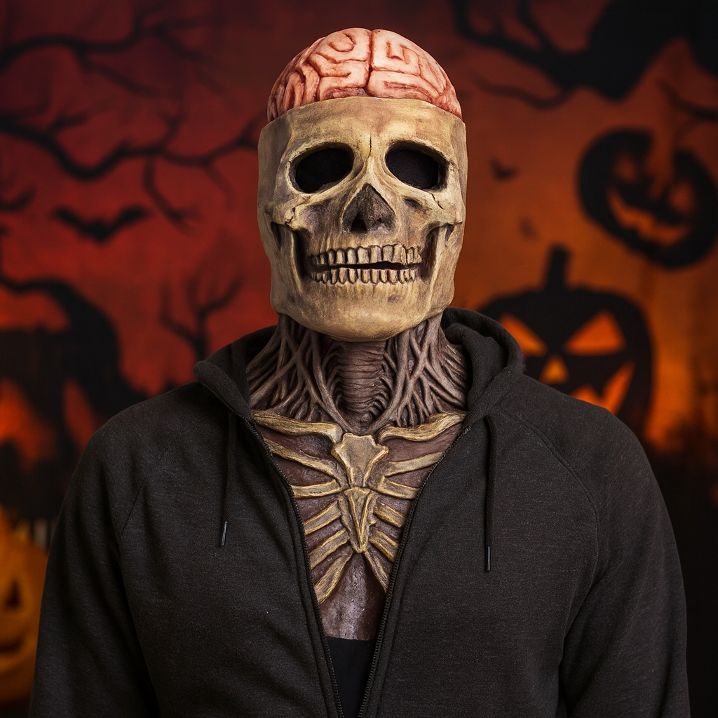 Halloween Skull Mask Horror with Exposed Brain and Chest Bib Full Head Latex Skeleton Creepy Costume