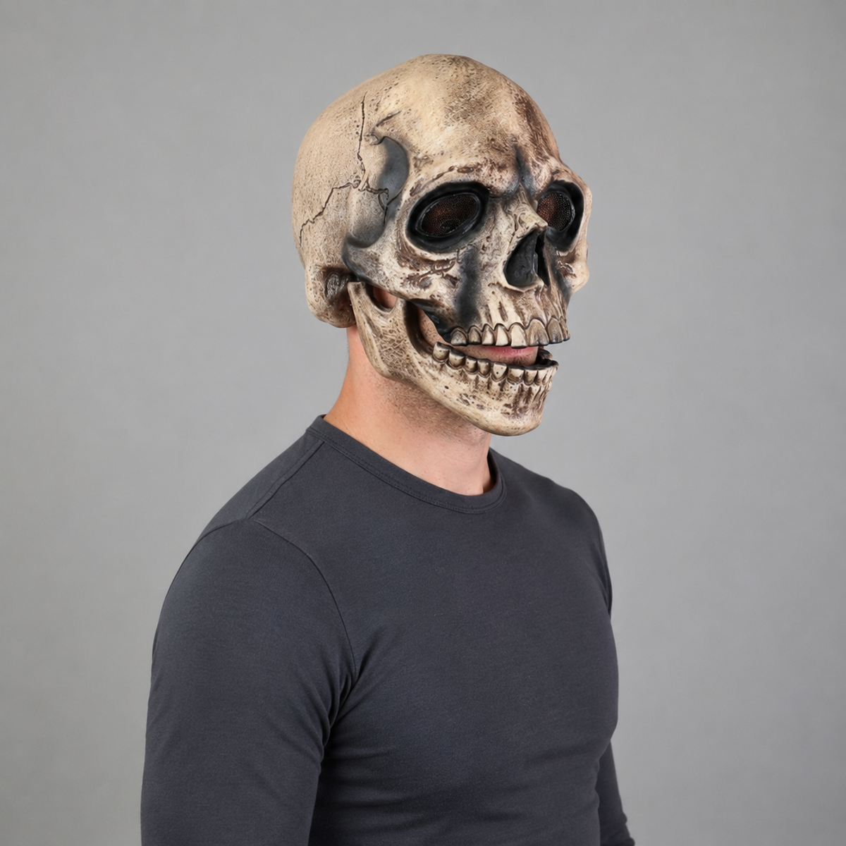 Halloween Skull Mask with Moving Jaw and Creepy Mesh Eyes for Cosplay Costume Party