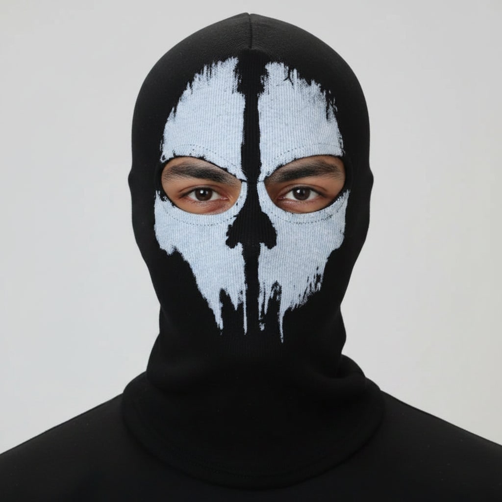 Halloween Skull Ski Mask Full Face Balaclava with Knit Black Fabric for Skiing and Winter Sports