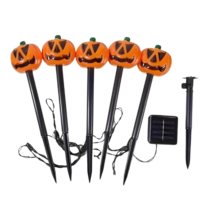 Halloween Solar Pathway Lights with Pumpkin Jack-O-Lantern Stakes Outdoor Decoration Set of 5