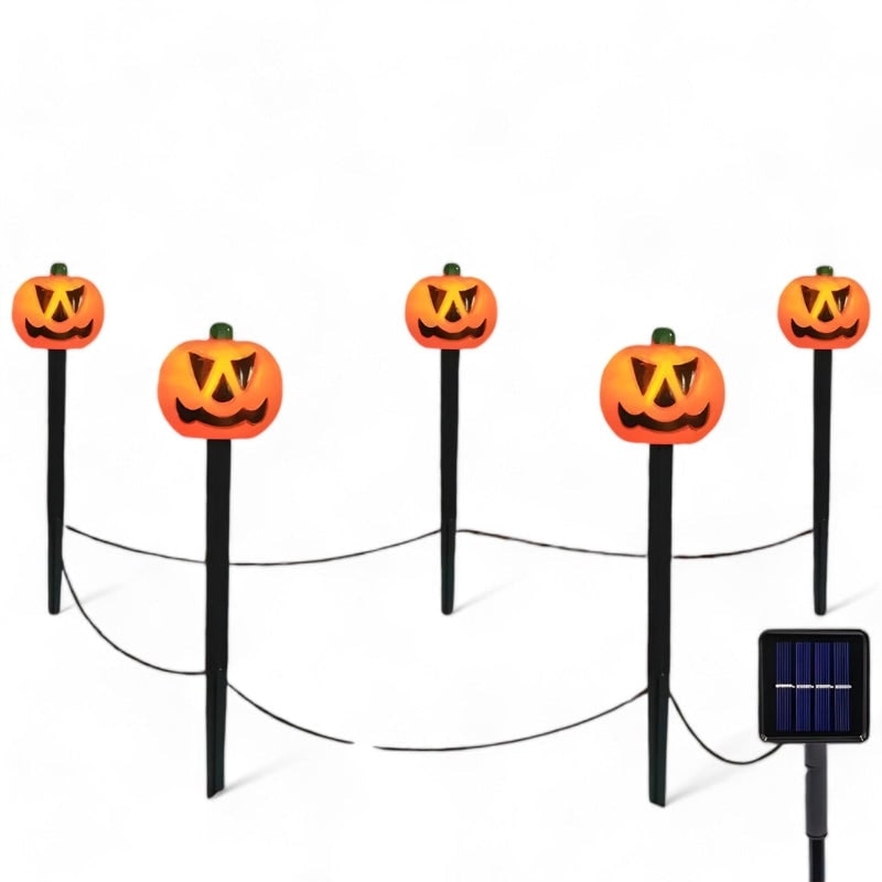 Halloween Solar Pathway Lights with Pumpkin Jack-O-Lantern Stakes Outdoor Decoration Set of 5
