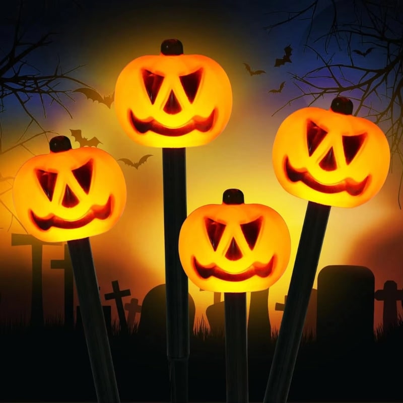 Halloween Solar Pathway Lights with Pumpkin Jack-O-Lantern Stakes Outdoor Decoration Set of 5
