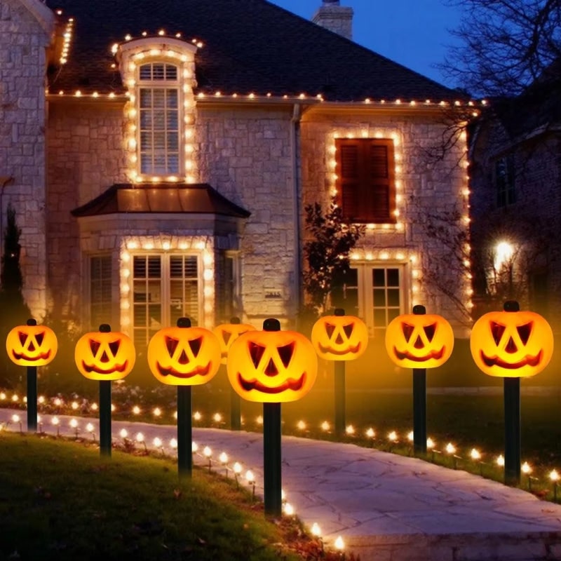 Halloween Solar Pathway Lights with Pumpkin Jack-O-Lantern Stakes Outdoor Decoration Set of 5