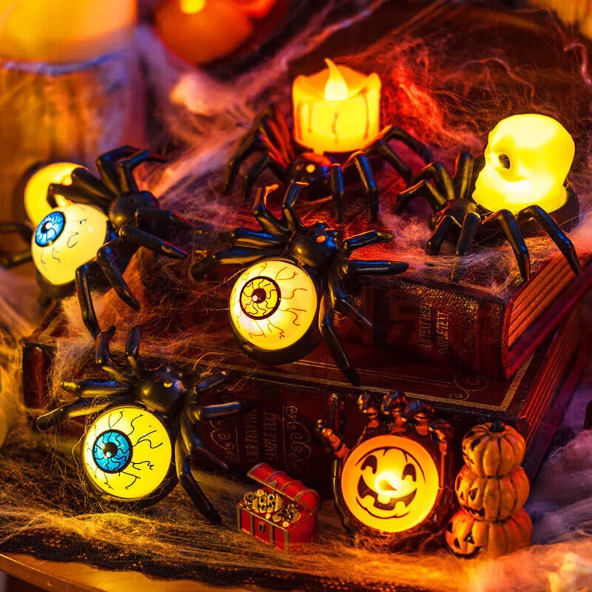 Halloween Spider Tea Lights with LED Candles Battery Operated Flameless Holder Decoration