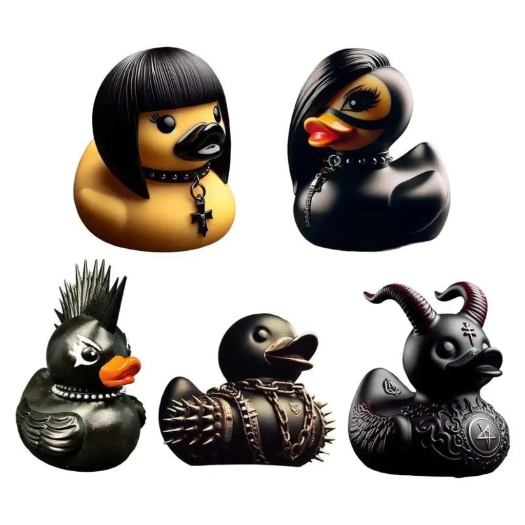 Halloween Spooky Rubber Duckling Squishy Duck Goth Punk Decoration with Studded Collar and Chains